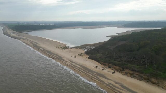 Aerial shot of Benacre broad along Kessingland Beach in Suffolk, England.