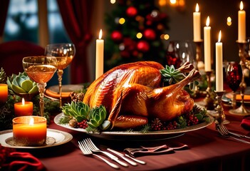 festive holiday table setting roasted turkey trimmings, christmas, dinner, decoration, centerpiece, silverware, plates, napkins, candles, feast, seasonal