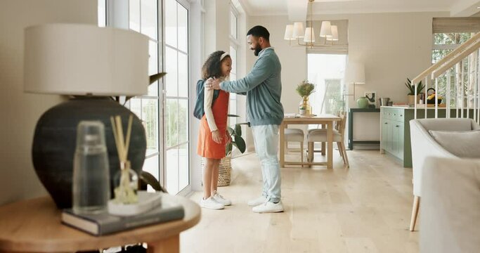 Father, child and goodbye in house for school, support and kiss while walking to door with bag. Man, girl and care in home living room as family for love, greeting and student to class with backpack