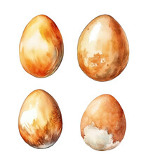Four watercolor painted eggs with a shiny surface in isolated on transparent background