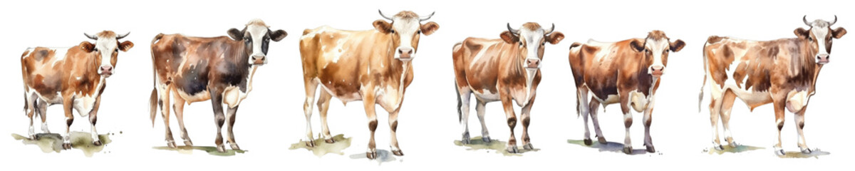 A set of watercolor illustrations of Cows grazing in a lush green field on a sunny day in isolated on transparent background
