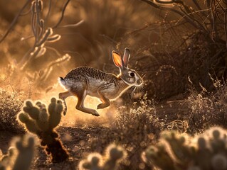 Small rabbit hops through desert brush, small rabbit hops through the desert.