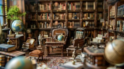 Dreamy Miniature Library with Tiny Books and Globes for Tilt-Shift Photography