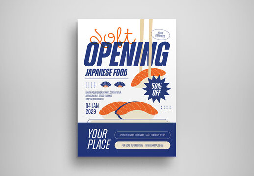 Blue Flat Design Soft Opening Japan Food Flyer Layout
