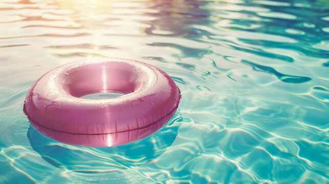 Flotador inflable de color rosa flotando en agua de piscina de color azul turquesa en un d&iacute;a soleado de verano.