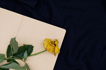 Dried yellow rose placed on a notebook. A single withered flower and book with the concept of...