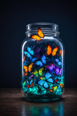 Glowing multicolored butterflies in a jar on a dark background