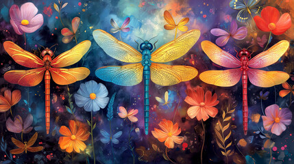 Illustration of colorful dragonflies on a background of colorful leaves and flowers