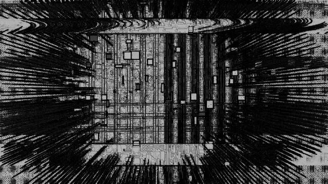 Black and white distorted shapes animation background with texture, glitch and static effects