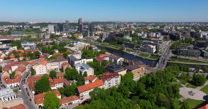 Scenic Aerial View Above Vilnius, Lithuania towards Modern Skyline