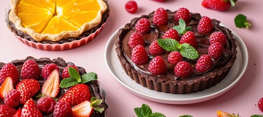 A wonderful chocolate cake with fresh raspberries and oranges.