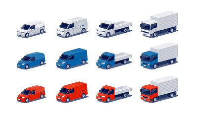 Modern city compact cargo cars. Minivan small size lorry commercial vehicles for urban delivery. Light duty corporate fleet transport. Box truck isolated vector on white in isometric dimetric style.