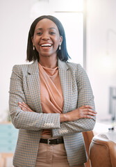 Office, happy and portrait of black woman with smile for professional job, pride and...