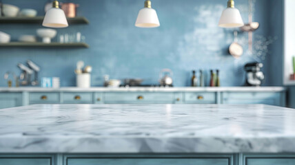 Clean, empty marble kitchen island in a blue, vintage kitchen designed in the provençal style. Dining table against stylish furniture that is blurry and contains cabinets and cookware