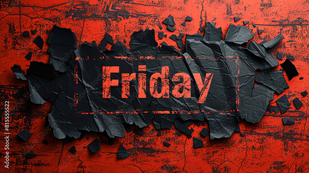 Fototapete capture a top view of black torn paper and the text black friday against a red background