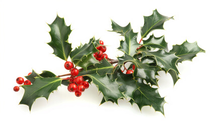 european holly sprig with red berries isolated on white background