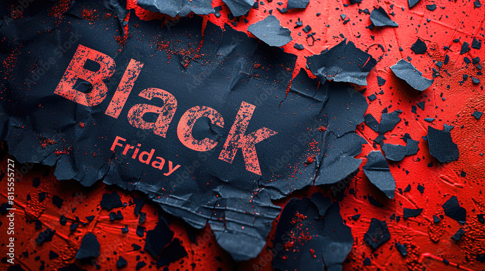 Fototapete capture a top view of black torn paper and the text black friday against a red background