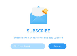 3D Subscribe to our newsletter banner template. Subscription to news, offer and promotions. Open letter in envelope with notification bell. Send by mail. Social media marketing. 3D Vector illustration