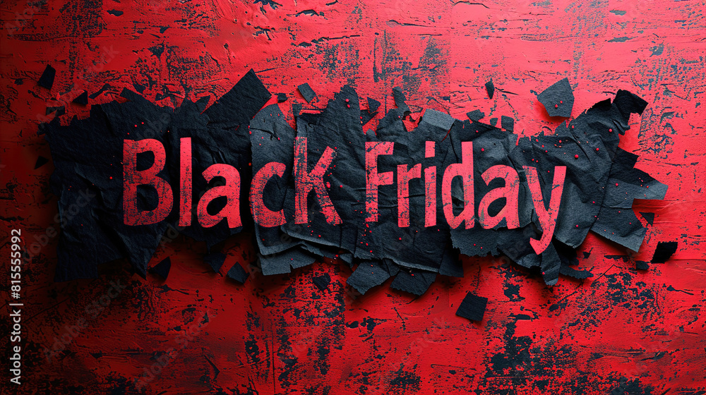 Fototapete capture a top view of black torn paper and the text black friday against a red background