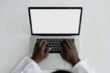 American Doctor Utilizing Laptop in Traditional White Coat