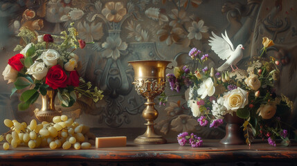 Sacred Eucharistic Offering, Floral Arrangement with Chalice and Dove