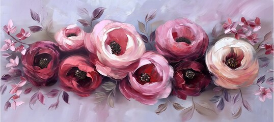 Brush strokes and rich oil paint textures bring pink and burgundy peonies to life on a light purple canvas, inviting contemplation amidst their dynamic dance.