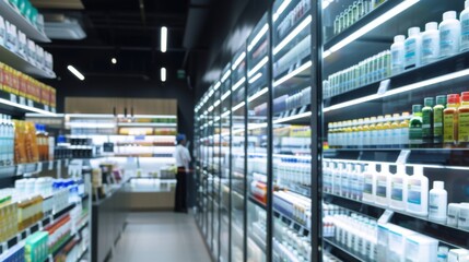 Blurry view of a customer and clear digital screen in a well-lit pharmacy section.