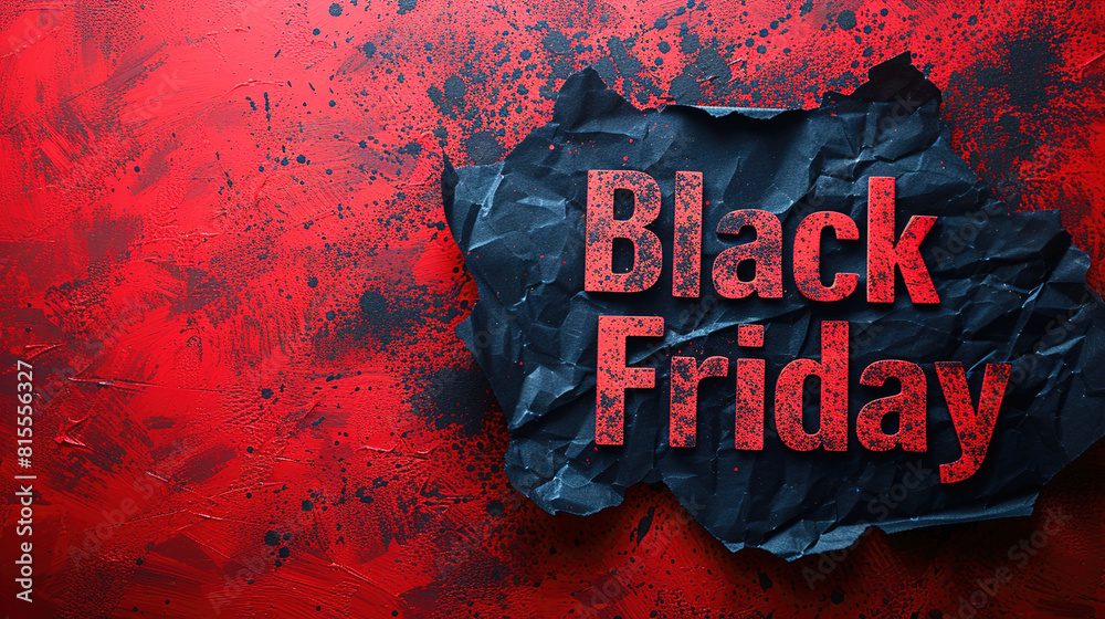 Fototapete capture a top view of black torn paper and the text black friday against a red background