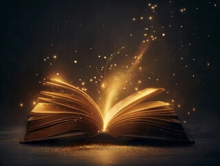 Fototapeta premium Open ancient book radiating a mystical golden glow with sparkling particles against a dark background.