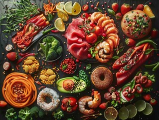 Colorful and Nutritious Food Spread with Fresh Vegetables, Fruits, and Seafood