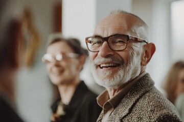 Portrait of smiling senior man in eyeglasses looking at camera