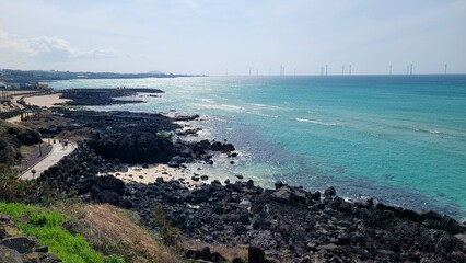 Handam Coastal Trail, Jeju Island, Korea, beach, blue sea, blue sky, beach