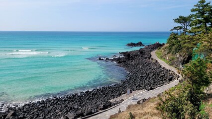 Handam Coastal Trail, Jeju Island, Korea, beach, blue sea, blue sky, beach