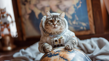 Cute cat in astronaut suit with globe in a room