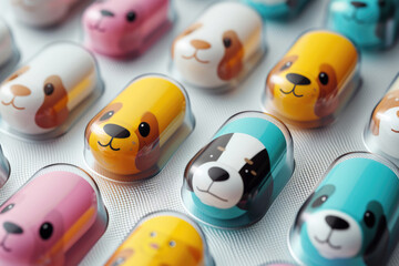 Vibrant Dog Face Capsules.A Playful Twist on Medication