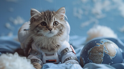 Cute cat in astronaut suit with globe in a room