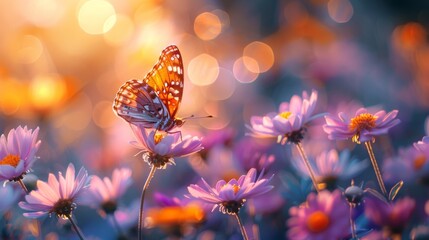 A butterfly is perched on a flower in a field of flowers - Powered by Adobe