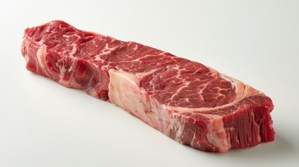 Detailed shot of a fresh New York strip steak, known for its flavor and tenderness, displayed on an isolated background, studio lighting