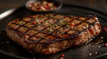 Detailed shot of a finely cooked pig steak, elegantly plated, highlighting the juicy details with studio lighting on an isolated background