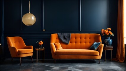 Orange sofa and armchair against dark blue classic wall with marbling poster. Art deco home interior design of modern living room 