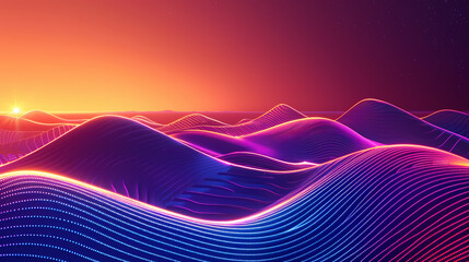 Abstract background with colorful lines in the style of vector illustrations, blue and purple gradient, red sky at sunset, 3D landscape with undulating waves, futuristic design, high resolution, neon 