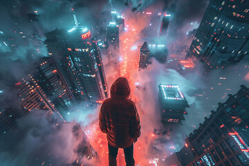 Top view of a man standing with his back on a skyscraper at night. Blur, neon, clouds. Generated by artificial intelligence