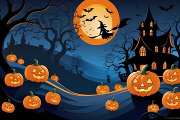 Halloween background with pumpkin and bats, Witch flying on broom silhouette 