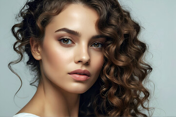 Naklejka premium Beautiful Young Woman Curly Black Hair Clean Skin Complexion Off White Background