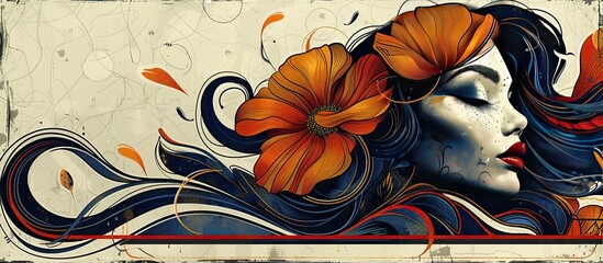 Drawing of a beautiful woman with a large orange flower, elegant curves and subtle details, blue, red, turquoise, orange, white.