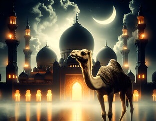 Camel stans front of mosque Qurban Eid al adha mubarak festival islamic background Generated Ai