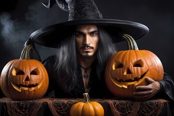 Halloween wizard man with pumpkins