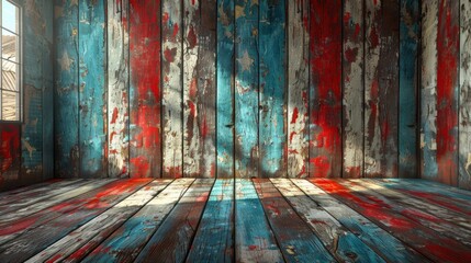background with a wood wall and an American flag on the floor, a blue, red, and white color.