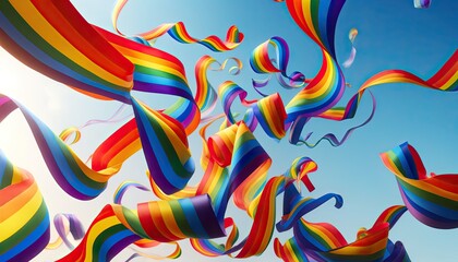 Rainbow Pride: Colorful ribbons dancing in the wind against sky