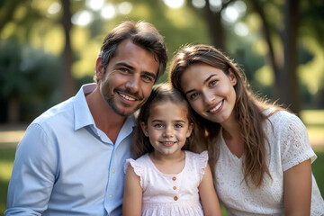 Naklejka premium Portrait of a father, mother, and daughter in the park